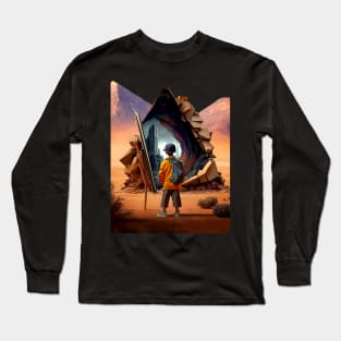 Wonderment a Time Travel Odyssey: A Journey to a Dystopian Future on a Dark Background Long Sleeve T-Shirt